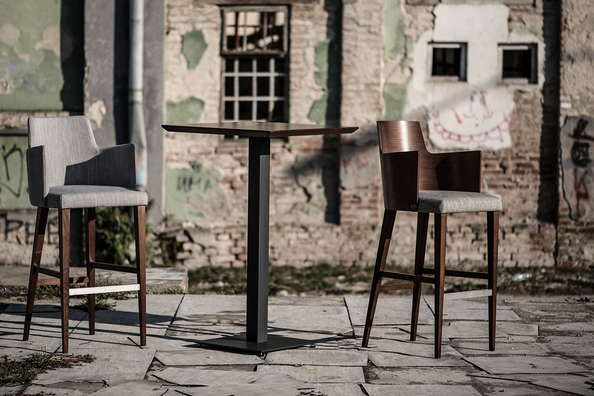 Modern upholstered bar high chair with solid wood legs Serbia manufacture production SOFIA R Linea Milanovic
