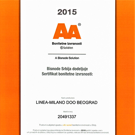 Bisnode sertifikat za kvalitet Linea Milanovic 2015