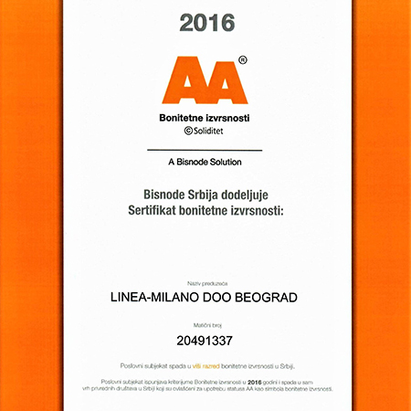 Bisnode sertifikat za kvalitet Linea Milanovic 2016