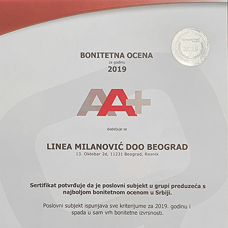 Bisnode sertifikat za kvalitet Linea Milanovic 2019